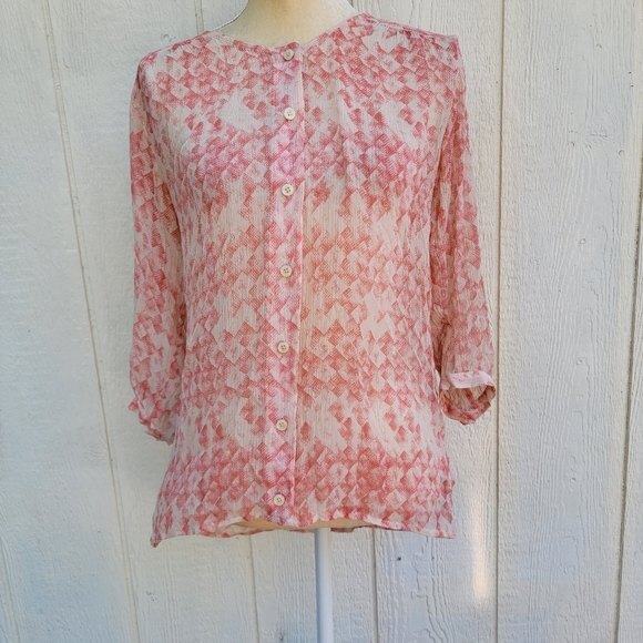 CAbi #756 Emerson 100% Silk Blouse Sheer Peach 3/4 Sleeve Button Up size small. - Picture 1 of 4